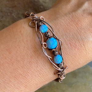 Wire Wrapped Blue Opal Bracelet  in Antiqued Copper, October Birthstone Bracelet ,Lab Created Opal cuff /Bangle Bracelet, Opal Jewelry