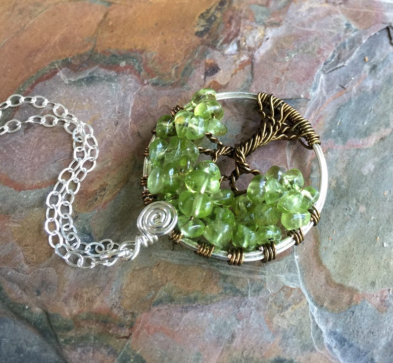 Peridot Tree of Life Pendant Sterling Silver Chain,Wire Wrapped Peridot Gemstone Tree of life, August Birthstone Necklace,Tree of Life, image 6