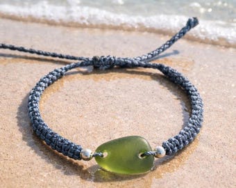 Sage Green Sea Glass Macrame Bracelet, Adjustable Beach Wedding Jewelry