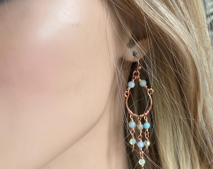 chandelier Earrings in Copper, Wired Wrapped Amazonite Chandelier Dangling Earrings, Elegant Chandelier Earrings, Boho Chandelier Earrings