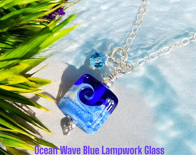 Blue Ocean Wave Necklace, Blue Beach Wave Necklace ,Ocean Wave Lampwork Pendant, Beach Wave Jewelry, Blue Sea Glass Necklace sterling silver