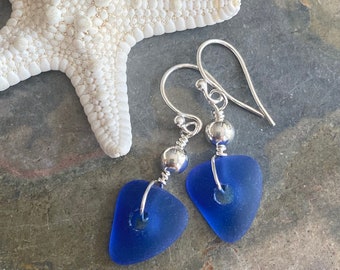 Beach Glass Earrings,RoyalBlue Sea Glass Earrings in Sterling Silver, Blue Sea Glass Dangling Earrings, Beach Weddings, Dangling  Earrings