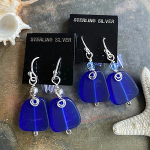 Cobalt Blue Sea Glass Earrings: Sterling Silver Wire Wrapped Jewelry