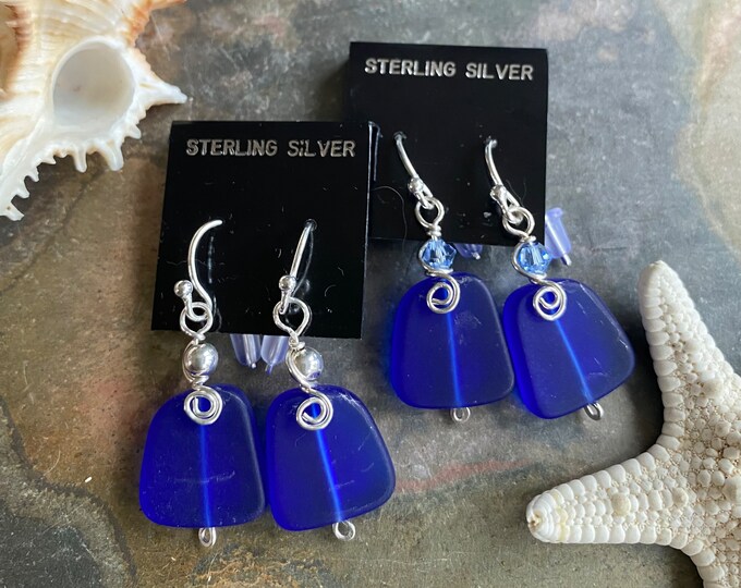 Cobalt Blue Beach Glass Earrings in STERLING SILVER, Blue Sea Glass Earrings,Beach Weddings, Beach Glass Jewelry, Cobalt Sea glass Earrings,