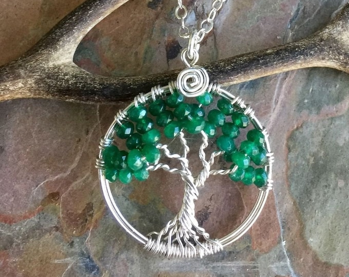 Emerald Tree of Life Necklace in Sterling Silver, Green tree of Life Pendant,May Birthstone Tree of Life Necklace, Emerald Necklace,