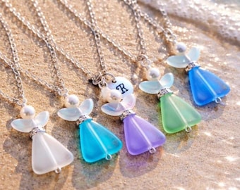 Personalized Angel Sea Glass Necklace, Sterling Silver Chain, Custom Initial Pendant