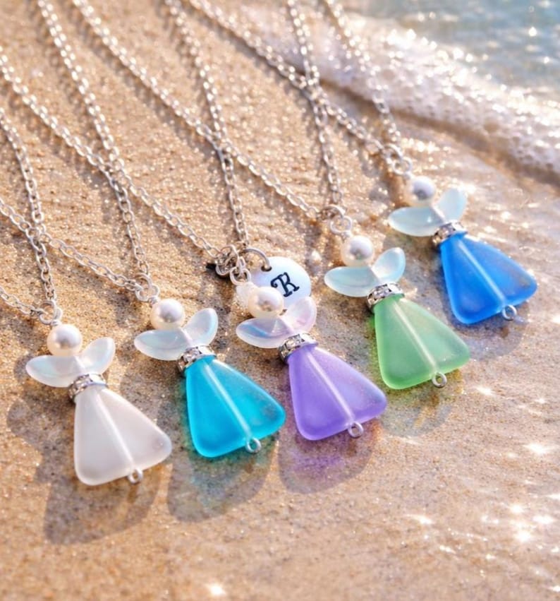 Collar de ángel de cristal marino personalizado, cadena de plata de ley, colgante con inicial personalizada imagen 1