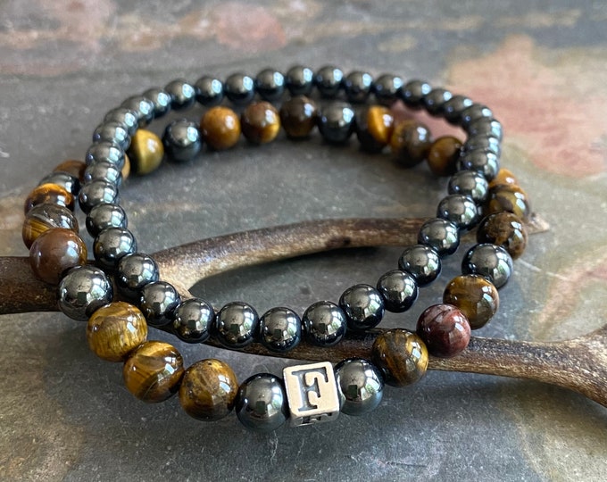 Father's Day Bracelet, Men's Name initial Bracelet, Tiger's Eye Hematite Bracelet, Initial Letter Bracelet, Grandpa Bracelet,