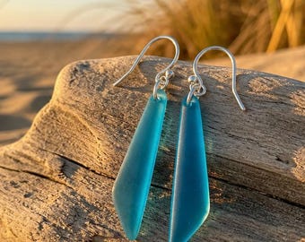 Teal Blue Sea Glass Earrings, Sterling Silver Wire Wrapped Dangle Drops, Beach Wedding Bridesmaid Gift, Coastal Boho Summer Jewelry