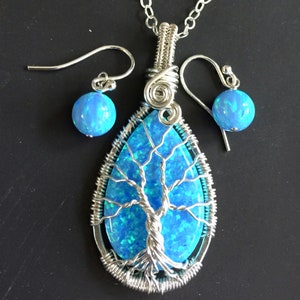 Blue Opal Necklace sterling silver,Wire Wrapped Synthetic Blue Opal Tree of Life Necklace,October Birthstone,Opal Jewelry,Blue Opal Earrings image 7