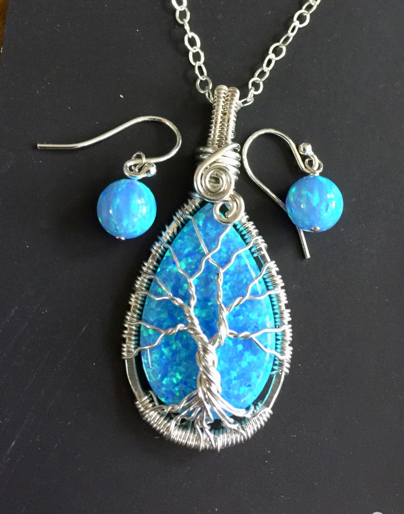 Blue Opal Necklace sterling silver,Wire Wrapped Synthetic Blue Opal Tree of Life Necklace,October Birthstone,Opal Jewelry,Blue Opal Earrings image 7