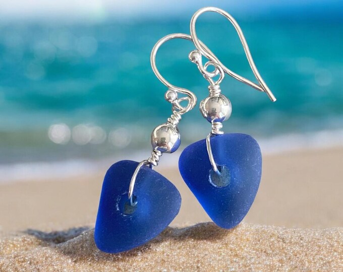 Beach Glass Earrings,RoyalBlue Sea Glass Earrings in Sterling Silver, Blue Sea Glass Dangling Earrings, Beach Weddings, Dangling  Earrings