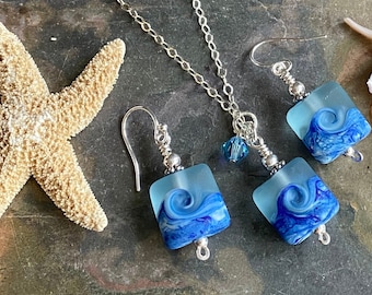 Ocean Beach Wave Necklace, Blue Beach Wave Necklace,Ocean Wave Lampwork Pendant, Beach Wave Jewelry, Blue Sea Glass Earrings sterling silver