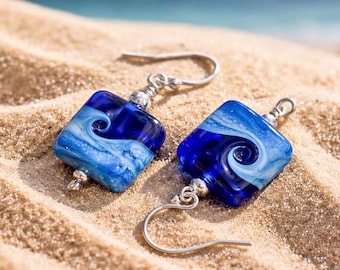 Ocean Wave Dangle Earrings, Sterling Silver Beach Jewelry, Coastal inspired Earrings