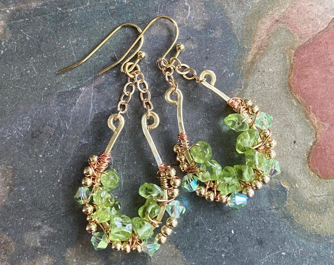 August Birthstone Earrings, Gold Hoops with Peridot Chips, Swarovski Crystals & Gold Beads, Boho Gift for Her, Peridot Dangling Jewelry,