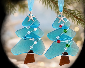 Blue  Coastal Christmas Tree Ornament, Holiday Tree Decor,  Starfish, Beads (Set of 2)
