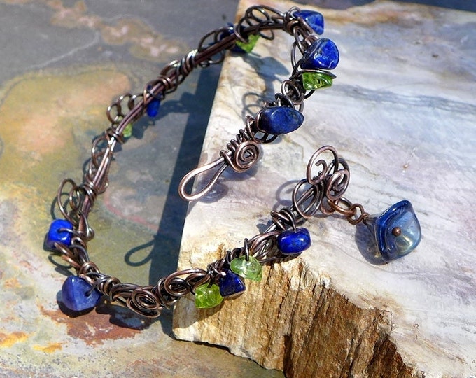 September Birthstone Wire Wrpped Lapis Copper Bracelet,Adjustable Lapis bracelet,September Blue Bangle Cuff bracelet,Filigree Leaf Bracelet