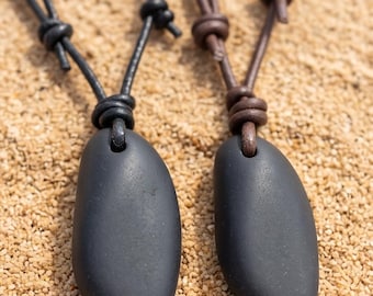 Matte Black Sea Glass Pendant Necklace, Greek Leather Cord, Nautical Boho Style