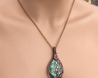Wire Wrapped Abalone Pendant  Copper Wire, Rainbow color Abalone Tree of Life Necklace,Abalone Tree Necklace,Mother's Day gift,Grandma Gift