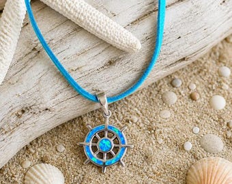 Blue Opal Ship Wheel Necklace, Sterling Silver Nautical Pendant, Deerskin Cord