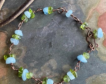 Aquamarine Peridot Bracelet,Wired Peridot Bracelet Linked Aquamarine/Peridot Bracelet ,March and August Birthstone Jewelry,Gemstone Bracelet