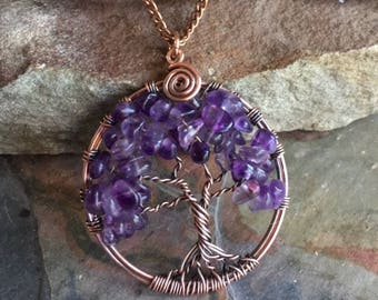 Amethyst Necklace,Amethyst Tree of Life Necklace,Wire Wrapped Amethyst Tree of Life Pendant in Antiqued Copper,February Birthstone