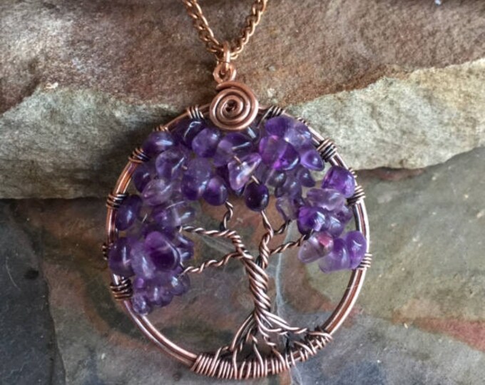 Amethyst Necklace,Amethyst Tree of Life Necklace,Wire Wrapped Amethyst Tree of Life Pendant in Antiqued Copper,February Birthstone