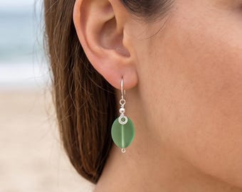 Peridot Green Frosted Sea Glass Drop Earrings, Sterling Silver Coastal Jewelry