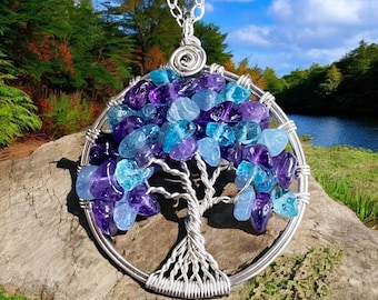 Amethyst Aquamarine Tree of Life Necklace, Sterling Silver Pendant