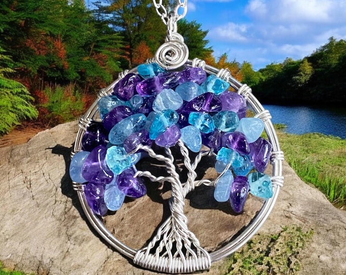 Birthstone Tree of Life necklace with amethyst and aquamarine, Amethyst and Aquamarine Tree of Life, Customizable Tree of Life necklace