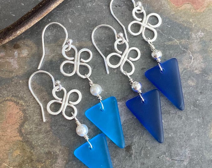 Celtic Inspired Sea Glass Dangling Earrings, Sterling Silver Clover Coastal Style Sea Glass Jewelry, Wired Lucky Charm Sea Glass Earrings