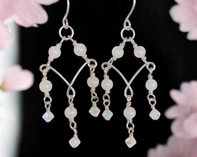 Moonstone Chandelier Earrings in Sterling Silver, Blue Flash Moonstone & Swarovski Crystal Dangles | Statement Bridal Earrings,