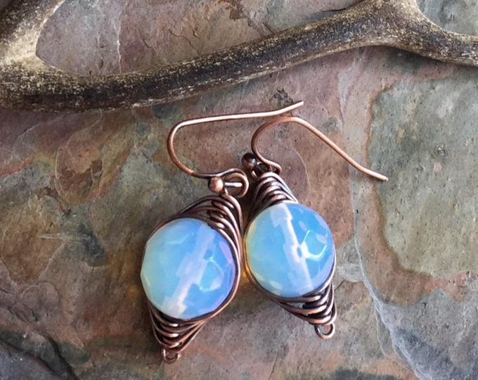 Wire Wrapped Opalite Earrings in Antiqued Copper, Wire Wrapped Blue Opalite Herringbone Earrings, Opalite Danging Earrings in Copper