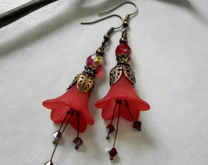 Pretty Red  Lucite Flower Crystal Antiqued Brass  Earrings