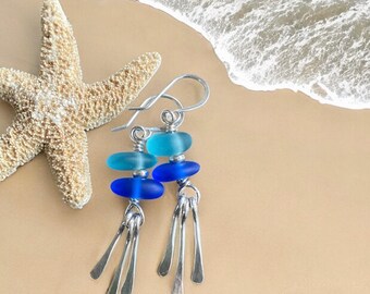 Blue Sea Glass Earrings, Beach Glass Dangling Earrings with Paddle shape Charms, .925 Sterling Silver Earrings, Beach Glass Jewelry for Her