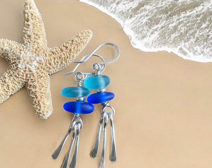 Blue Sea Glass Earrings, Beach Glass Dangling Earrings with Paddle shape Charms, .925 Sterling Silver Earrings, Beach Glass Jewelry for Her