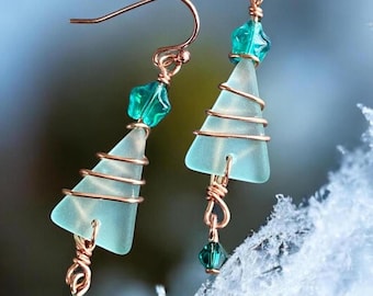 Ready Ship in ONE day,Sea Glass Christmas Tree Earrings, Beach Glass Christmas Tree Earrings, Sea Glass Jewelry, Holiday Gifts for Her,