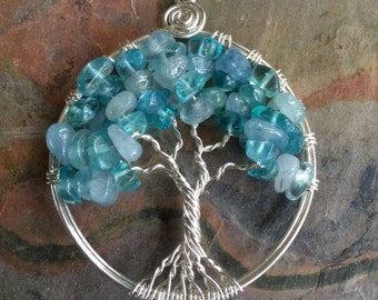 Tree of Life Pendant - Aquamarine/ Apatite Tree of Life Pendant Necklace, Wire Wrapped Tree of Life Pendant, March/December Birthstones
