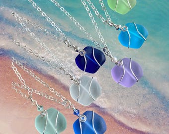 Wire Wrapped Sea Glass Necklace in Sterling Silver, Sea Glass Wavey design Blue, Green, Periwinkle Necklace, Ocean inspired Jewelry