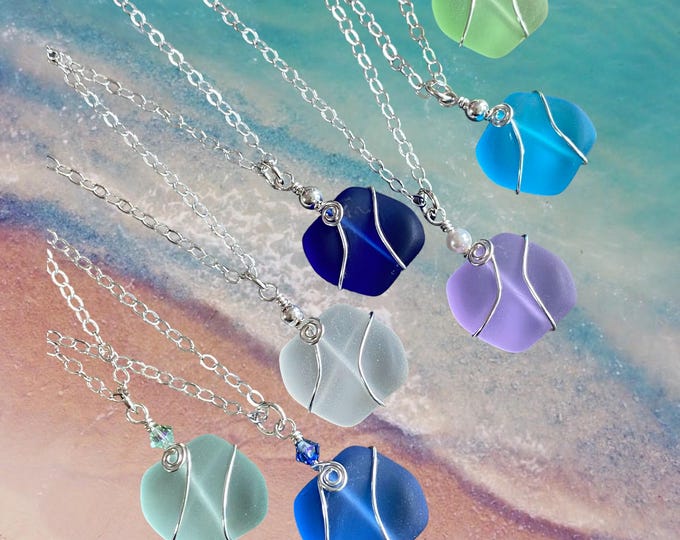 Wire Wrapped Sea Glass Necklace in Sterling Silver, Sea Glass Wavey design Blue, Green, Periwinkle Necklace, Ocean inspired Jewelry