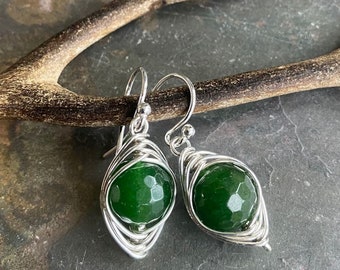 Jade Earrings in Sterling Silver,Wire Wrapped Herringbone green Jade Dangle Earrings,May Birthstone earrings, Healing Gemstone Earrings