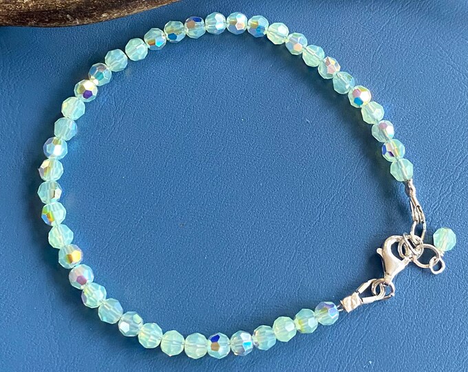 Swarovski Faceted Round Chrysolite Opal AB Bracelet in Sterling Silver, Bridal Crystal Bracelet, Chrysolite AB Crystal Anklet,Green Bracelet