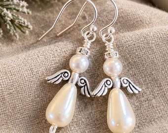 Angel Pearl Earrings, Sterling Silver Guardian Angel Dangles, Christmas Gift for Her