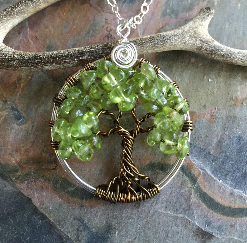 Peridot Tree of Life Pendant Sterling Silver Chain,Wire Wrapped Peridot Gemstone Tree of life, August Birthstone Necklace,Tree of Life, image 1