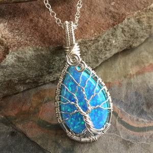 Blue Opal Necklace sterling silver,Wire Wrapped Synthetic Blue Opal Tree of Life Necklace,October Birthstone,Opal Jewelry,Blue Opal Earrings image 4