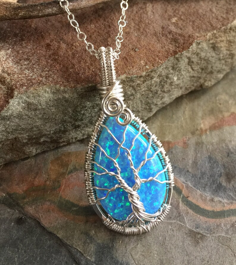 Blue Opal Necklace sterling silver,Wire Wrapped Synthetic Blue Opal Tree of Life Necklace,October Birthstone,Opal Jewelry,Blue Opal Earrings image 4