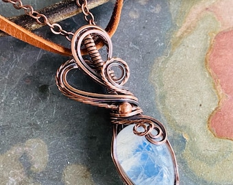 June Birthstone Pendant Necklace, Rainbow Moonstone Necklace,Wire Wrapped Moonstone Jewelry, Antiqued Copper Blue flashMoonstone Jewelry,