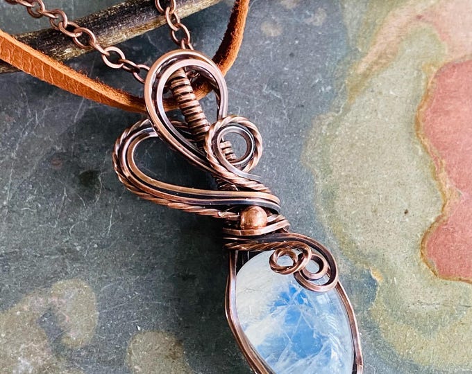 June Birthstone Pendant Necklace, Rainbow Moonstone Necklace,Wire Wrapped Moonstone Jewelry, Antiqued Copper Blue flashMoonstone Jewelry,