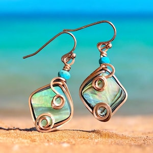 Copper Wire Wrapped Abalone Earrings with Turquoise Accent