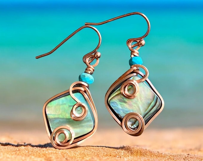 Pretty Abalone Earrings, Wire Wrapped Abalone Earrings in Copper, Abalone Drop Earrings, Rainbow Abalone Dangle Earrings, Earrings for Women
